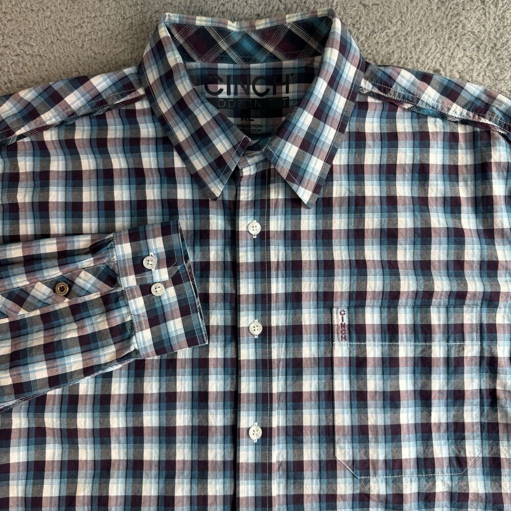 Cinch Shirt Mens XL Blue Plaid Casual Button Down Pocket Long Sleeve Cotton